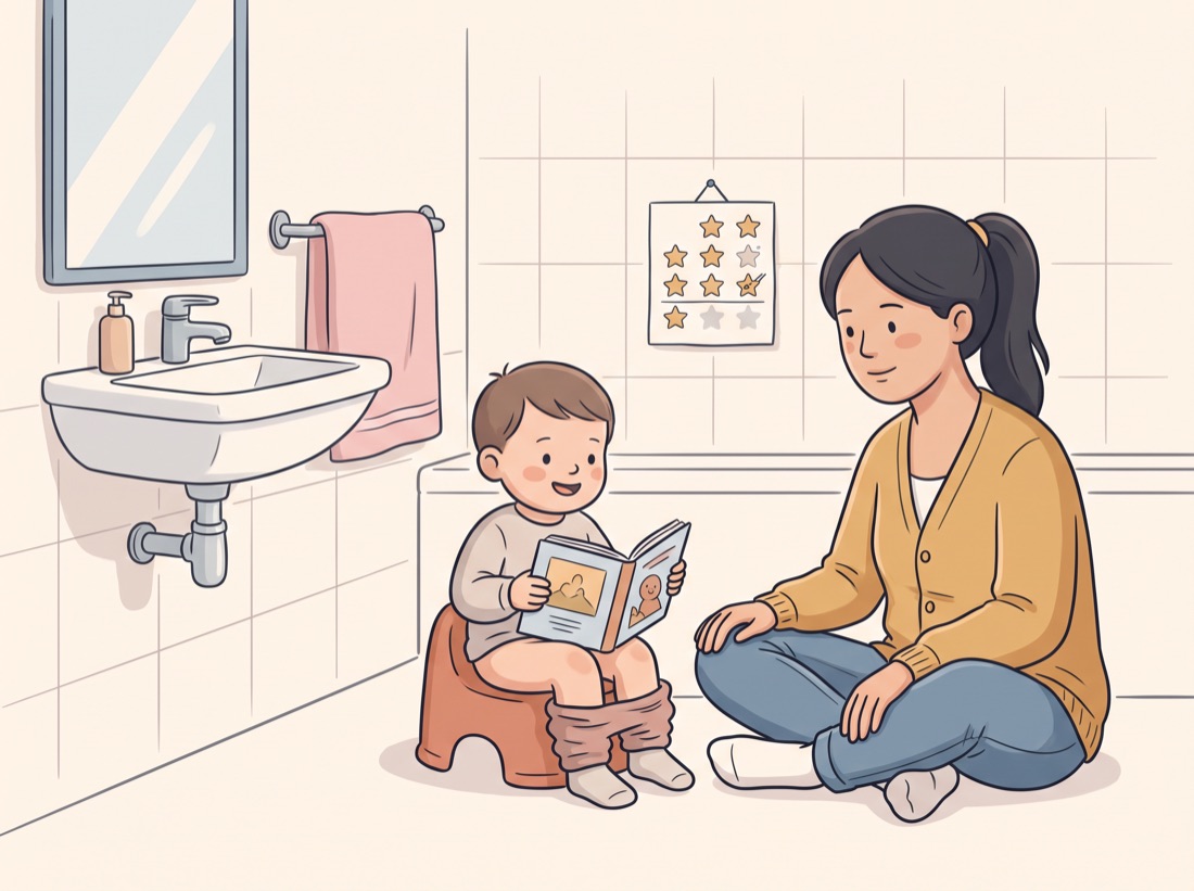 Le même enfant assis sereinement sur le pot avec un livre, sa mère encourageante
